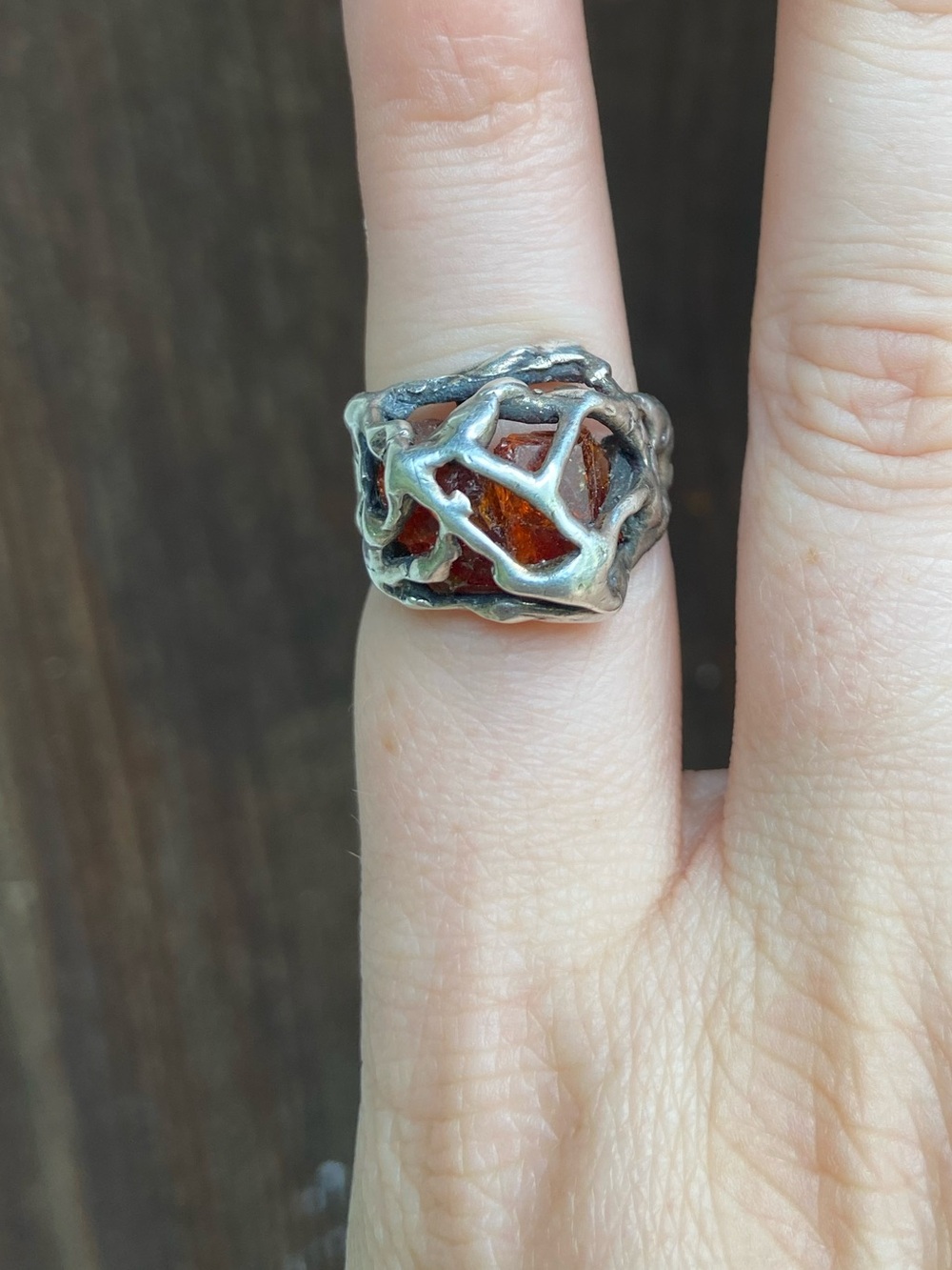 Sterling Silver Amber Brutalist Ring - Vintage